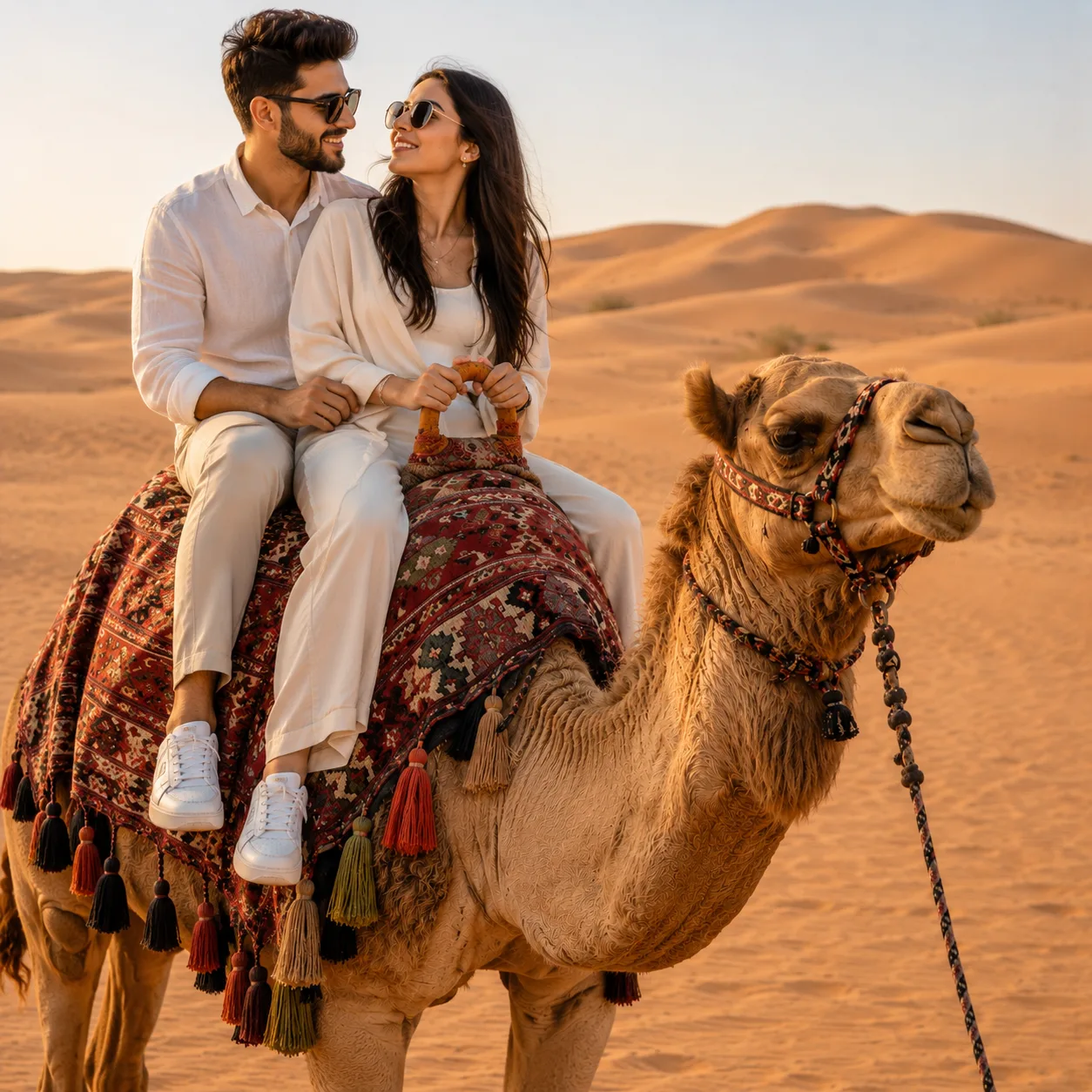 Couple enjoying a romantic camel ride in the Dubai desert