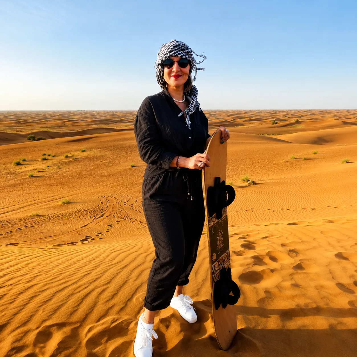 Action sandboarding on Dubai dunes